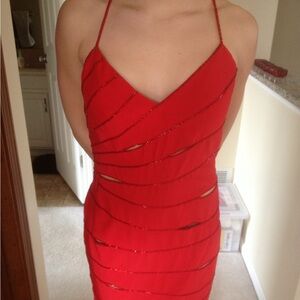 Elegant Red Beaded Women's Evening Dress